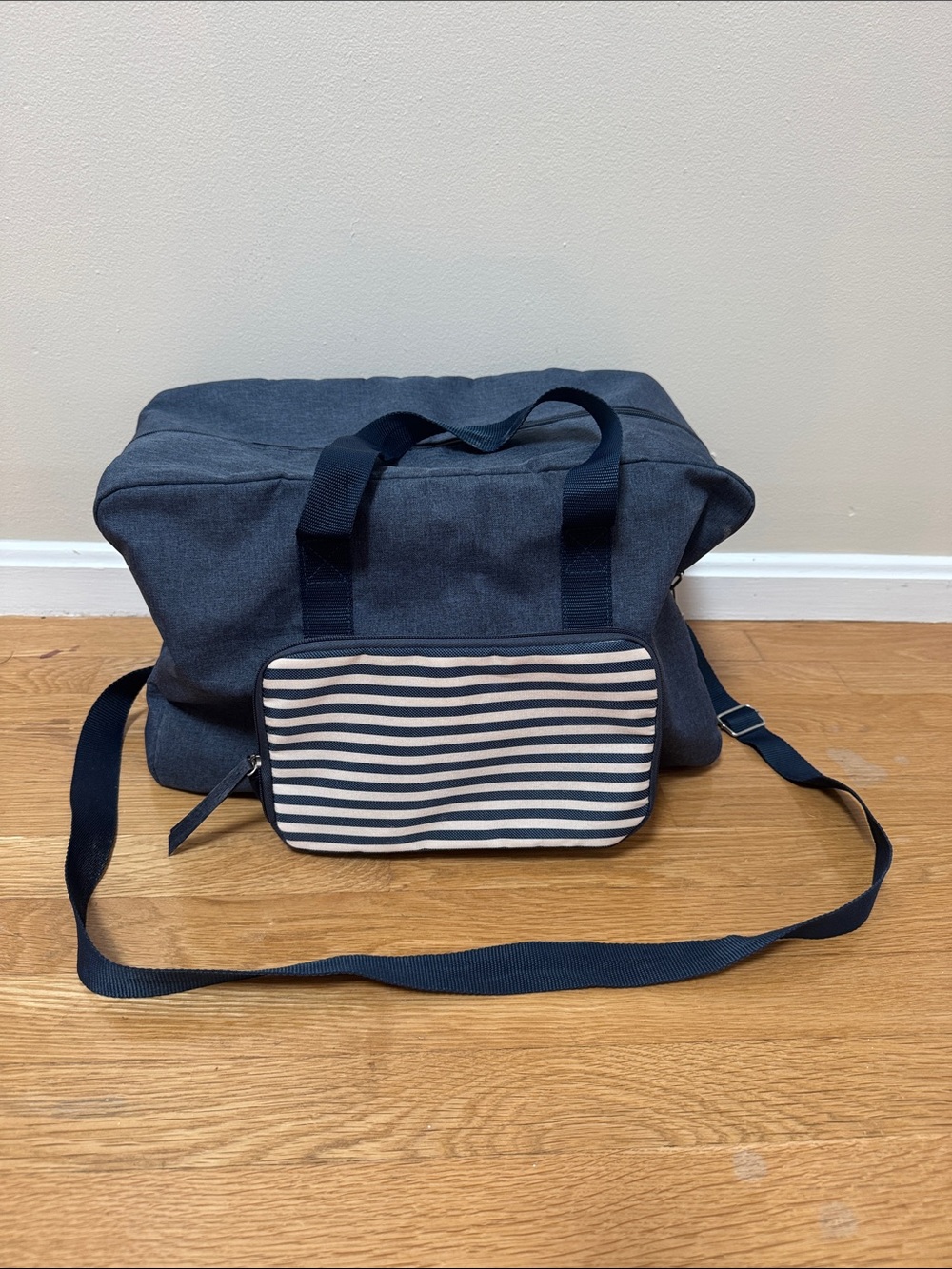 Navy Canvas Weekender Bag with Striped Front Pouch
